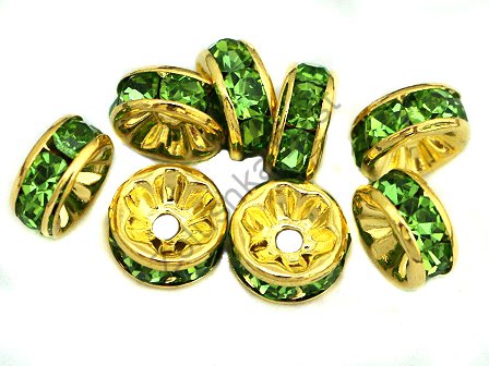 Рондели 8 мм, золото, со светло-зелеными стразами 
