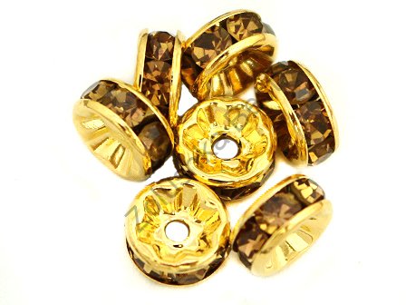Рондели 8 мм, золото, со светло-коричневыми стразами 