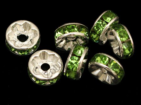 Рондели 6 мм, серебро, со светло-зелеными стразами