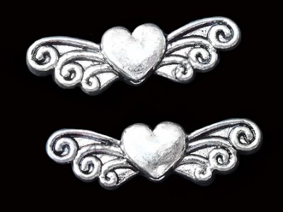 Бусина металлическая, сердце с крыльями, 7×24×4 мм, серебро, 5 шт