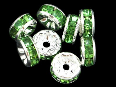 Рондели 8 мм, серебро, со светло-зелеными стразами